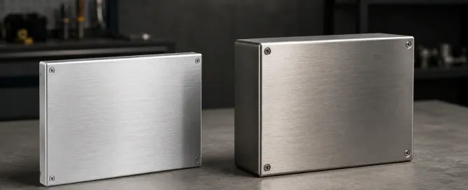 Zwei Blechgehäuse nebeneinander — eines aus gebürstetem Aluminium und eines aus gebürstetem Edelstahl — auf einer Betonfläche in einer Werkstattumgebung