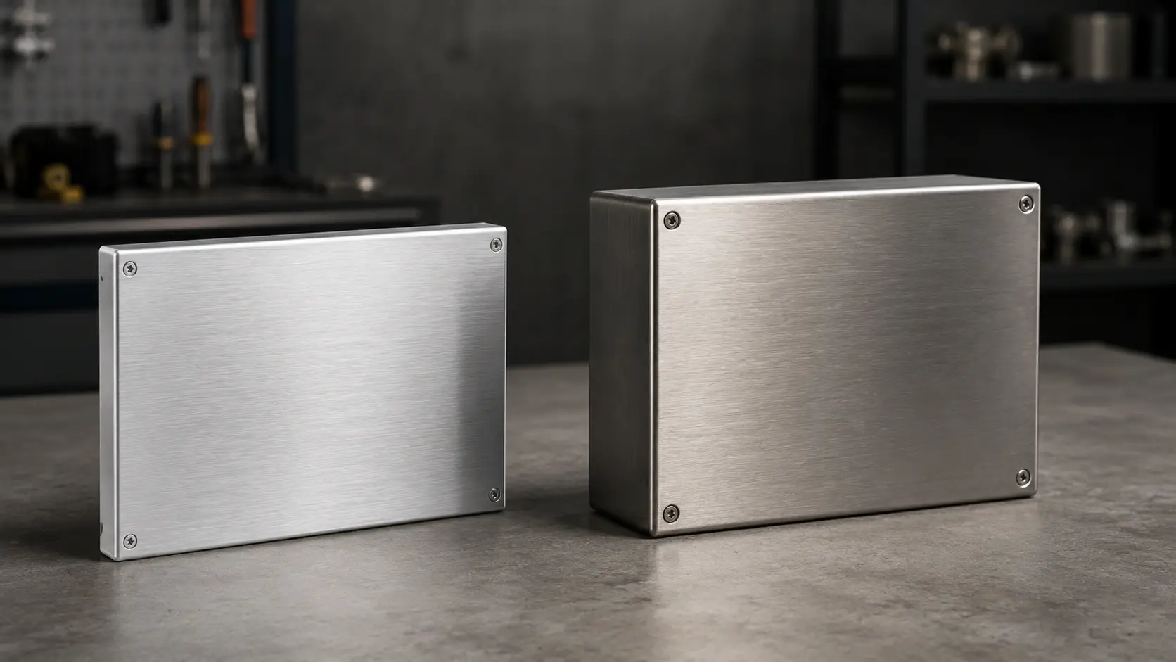 Zwei Blechgehäuse nebeneinander — eines aus gebürstetem Aluminium und eines aus gebürstetem Edelstahl — auf einer Betonfläche in einer Werkstattumgebung