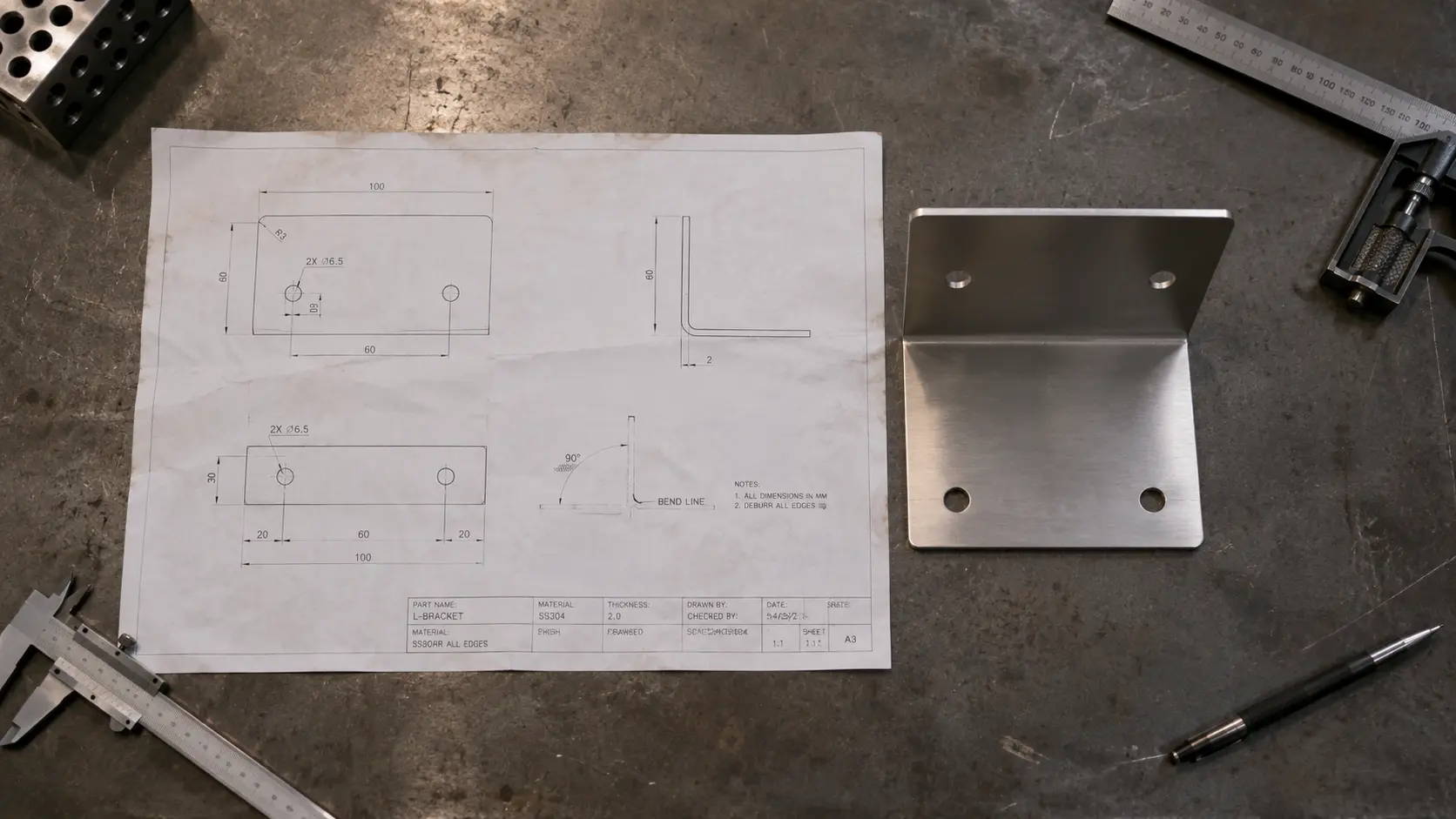 Eine gedruckte 2D-Technikzeichnung einer Blechhalterung neben dem gefertigten Metallteil auf einer Werkbank