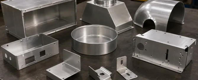 Verschiedene umgeformte 3003-Aluminium-Blechteile, darunter HVAC-Gehäuse, gestanzte Halterungen und gezogene Wannen, angeordnet auf einer dunklen Werkbank