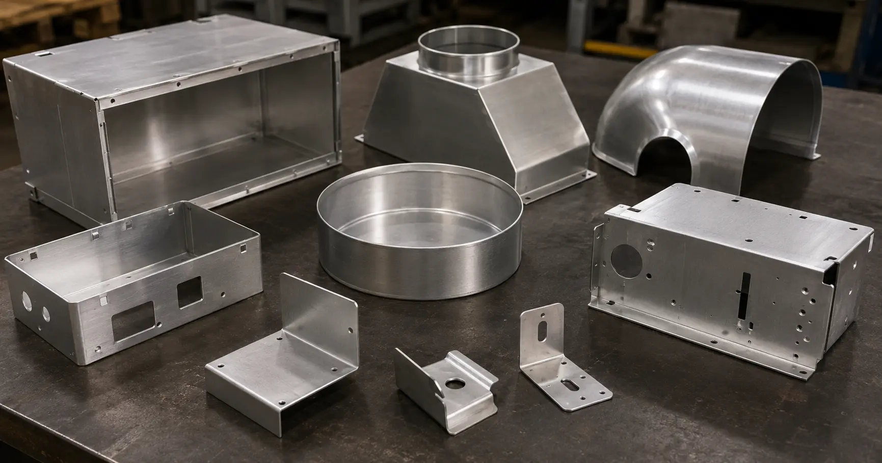 Verschiedene umgeformte 3003-Aluminium-Blechteile, darunter HVAC-Gehäuse, gestanzte Halterungen und gezogene Wannen, angeordnet auf einer dunklen Werkbank