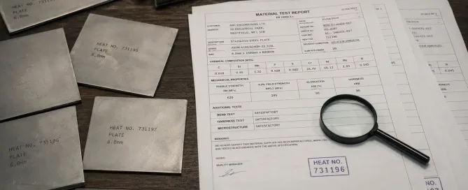 Materialprüfberichte und Blechmuster auf einem Werksprüftisch