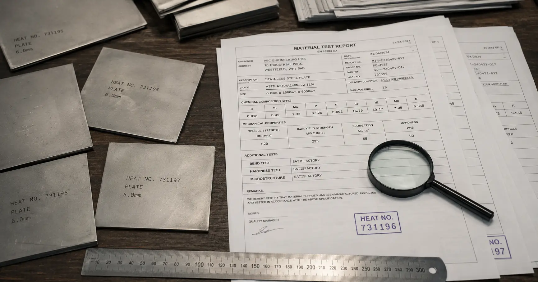 Materialprüfberichte und Blechmuster auf einem Werksprüftisch