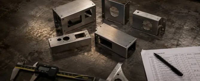 Blechgefertigte Teile neben digitalen Messschiebern und einer Prüfcheckliste auf einer Metallwerkbank