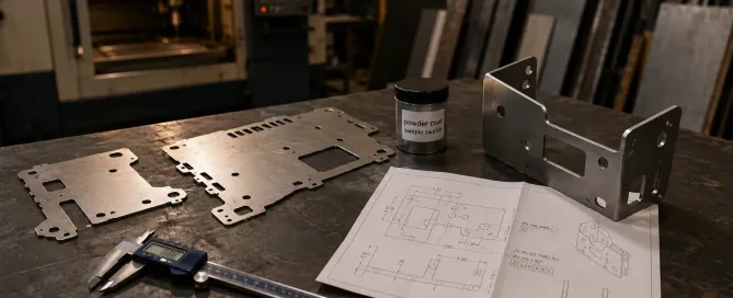 Flat Lay eines Blechfertigungsarbeitsplatzes mit lasergeschnittenen Rohteilen, gebogener Halterung, Messschieber und technischer Zeichnung auf einer industriellen Werkbank