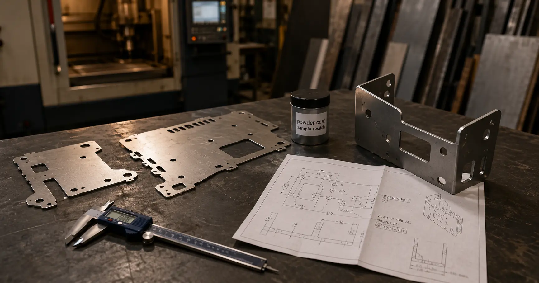 Flat Lay eines Blechfertigungsarbeitsplatzes mit lasergeschnittenen Rohteilen, gebogener Halterung, Messschieber und technischer Zeichnung auf einer industriellen Werkbank