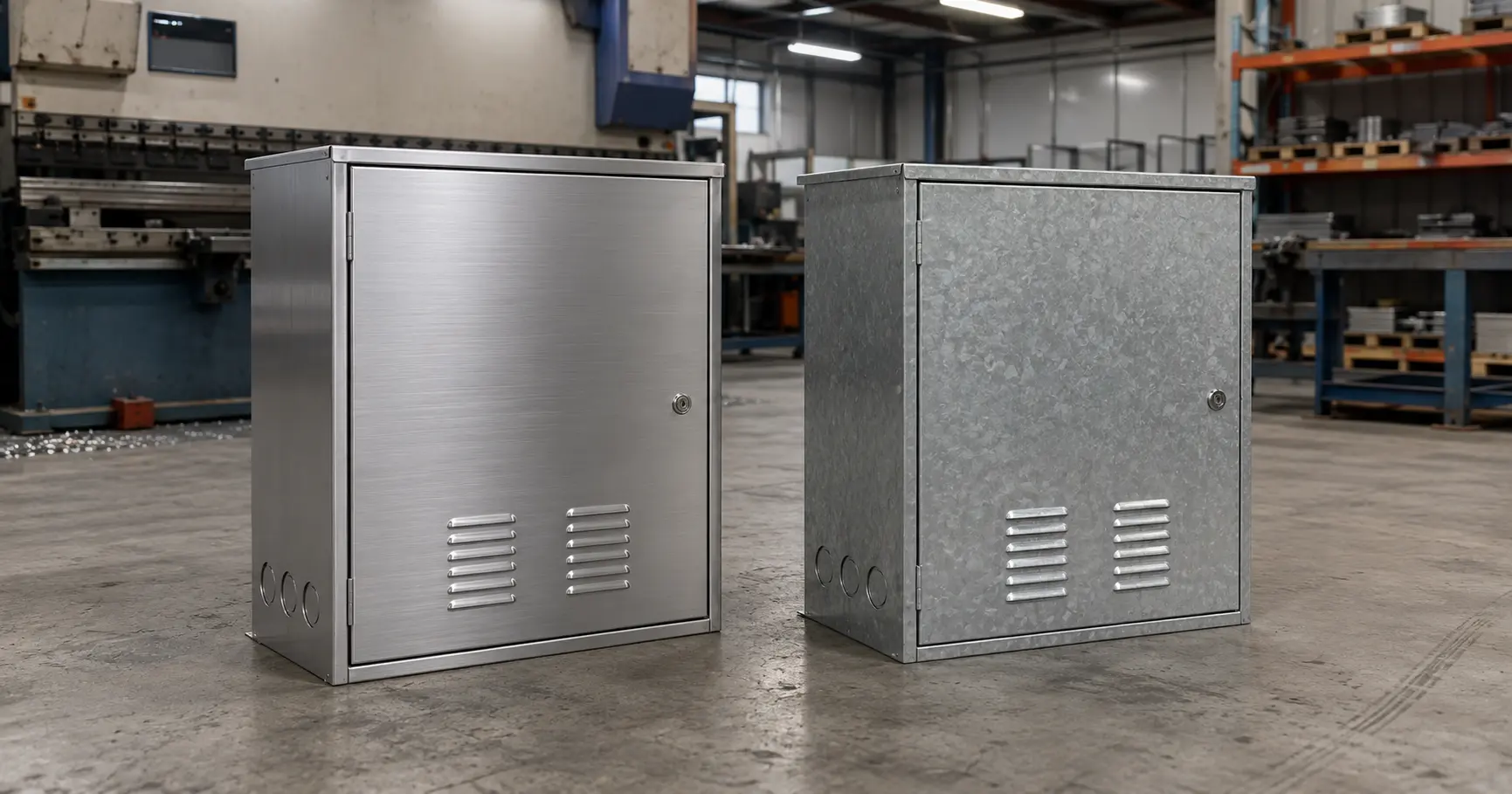 Elektrische Gehäuse aus Edelstahl und verzinktem Stahl nebeneinander in einer Fertigungswerkstatt zum Materialvergleich