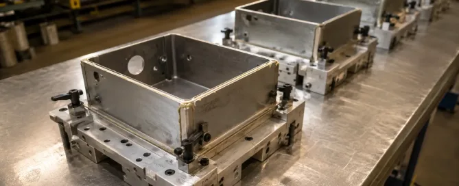 Serienfertigungslinie für Klebeverbindungen mit in Vorrichtungen eingespannten Blechbaugruppen in einer Fabrikhalle