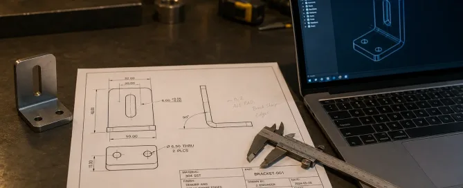 Eine technische Engineering-Zeichnung einer Blechhalterung auf einem Metallarbeitstisch neben einem Laptop, der ein 3D-CAD-Modell anzeigt