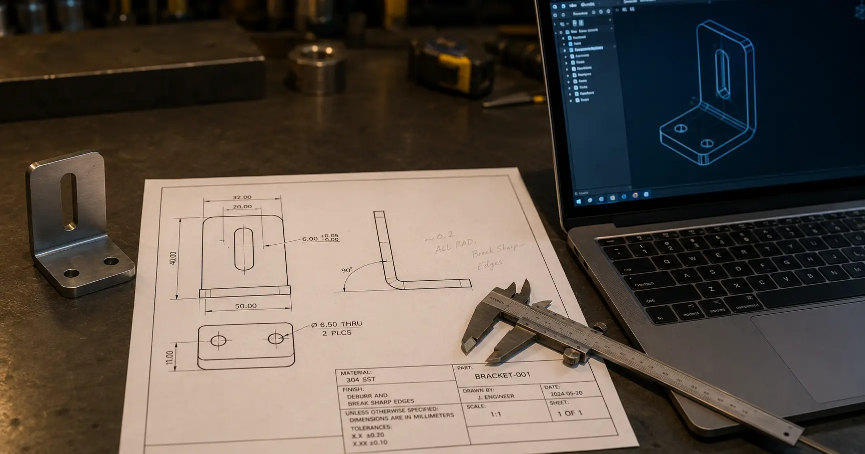 Eine technische Engineering-Zeichnung einer Blechhalterung auf einem Metallarbeitstisch neben einem Laptop, der ein 3D-CAD-Modell anzeigt