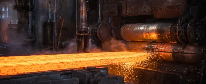 Nahaufnahme eines rotglühenden Stahlbands, das durch die Walzen eines industriellen Warmwalzwerks verarbeitet wird