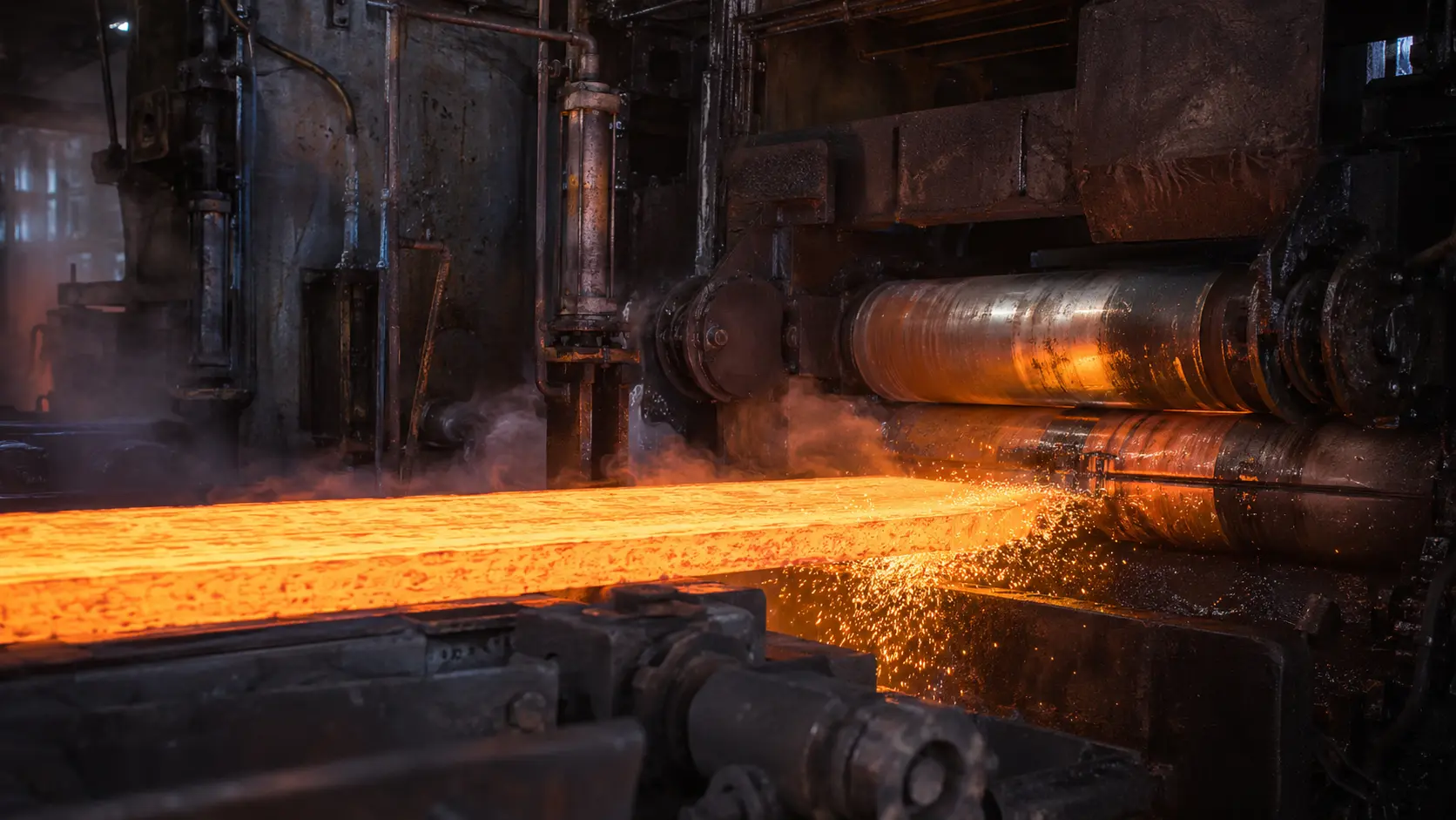 Nahaufnahme eines rotglühenden Stahlbands, das durch die Walzen eines industriellen Warmwalzwerks verarbeitet wird