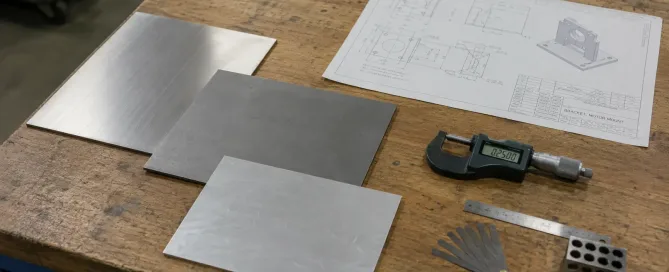 Flache Blechplatten und technische Spezifikationsdokumente auf einem Fertigungswerkstatt-Tisch