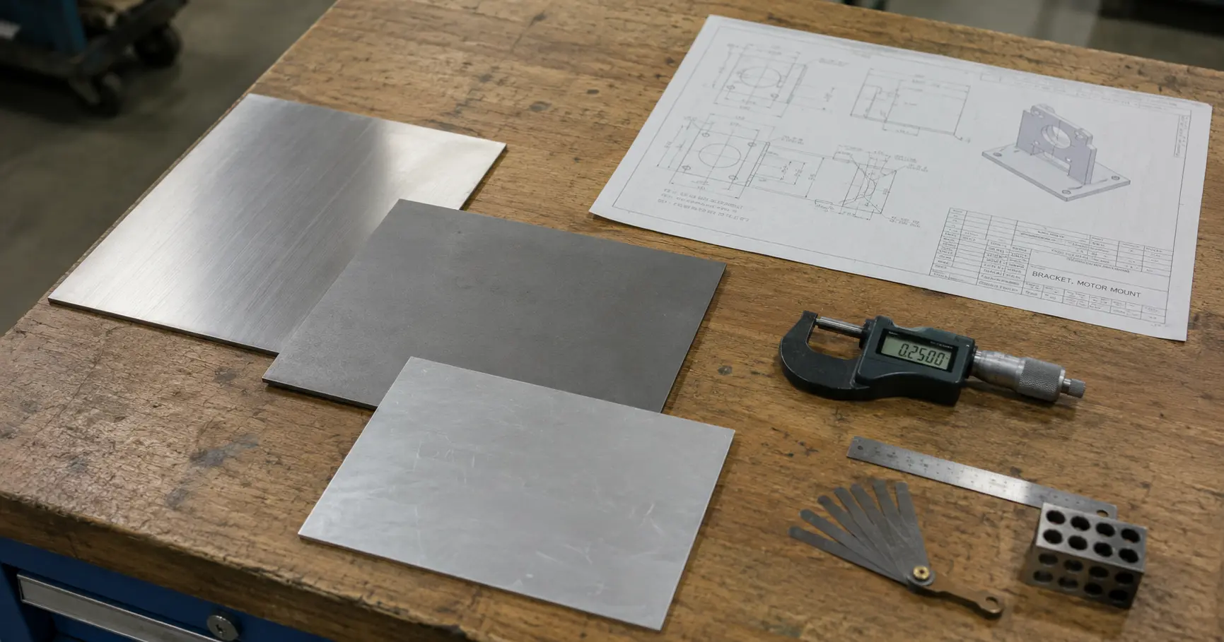 Flache Blechplatten und technische Spezifikationsdokumente auf einem Fertigungswerkstatt-Tisch