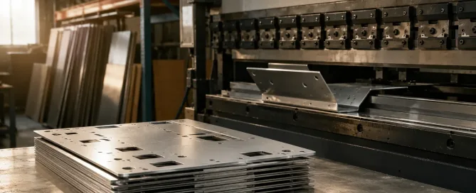 Frisch lasergeschnittene Aluminiumgehäuseplatten auf einer Werkbank in einer Blechfertigungswerkstatt mit einer CNC-Abkantpresse im Hintergrund