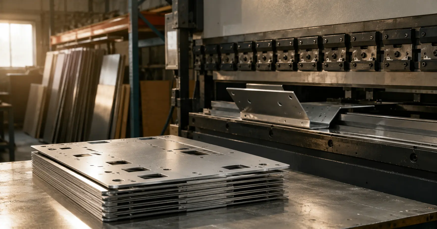 Frisch lasergeschnittene Aluminiumgehäuseplatten auf einer Werkbank in einer Blechfertigungswerkstatt mit einer CNC-Abkantpresse im Hintergrund