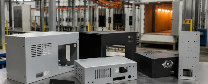 Pulverbeschichtete Blechgehäuse in einer industriellen Lackierwerkstatt
