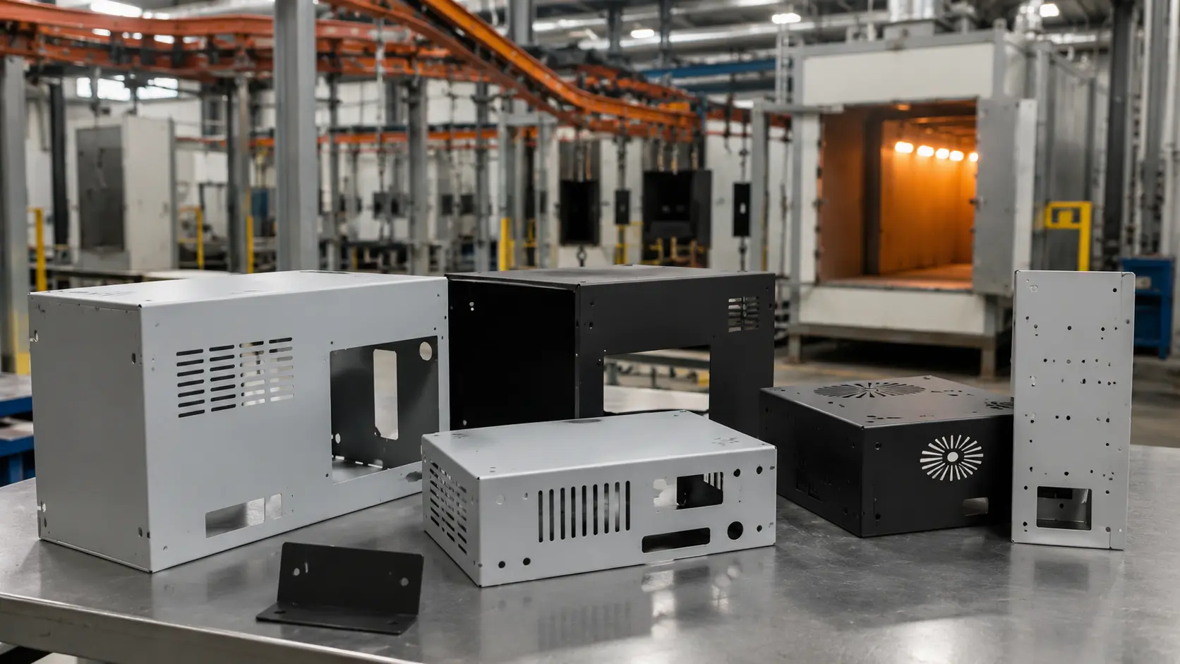 Pulverbeschichtete Blechgehäuse in einer industriellen Lackierwerkstatt
