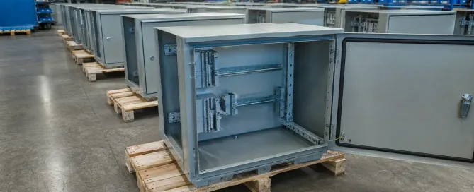 Produktionslinie für Metallgehäuse mit gestapelten Blechschränken in einer Fabrikumgebung