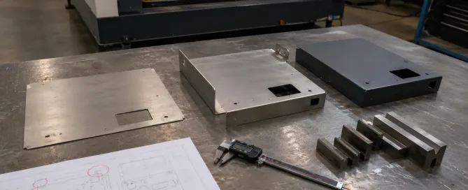 Flacher Blechzuschnitt, der sich zu fertigen gebogenen und beschichteten Bauteilen auf einer Werkbank entwickelt