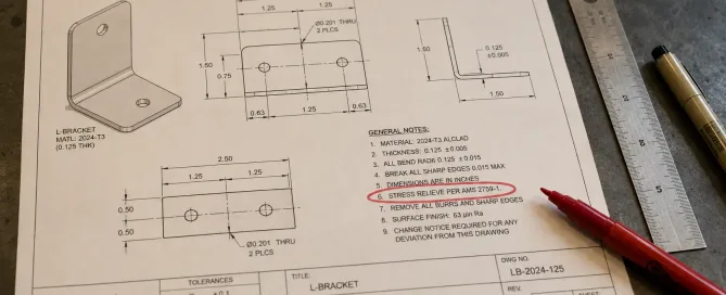 Technische Zeichnung einer geformten Blechhalterung mit Wärmebehandlungshinweis