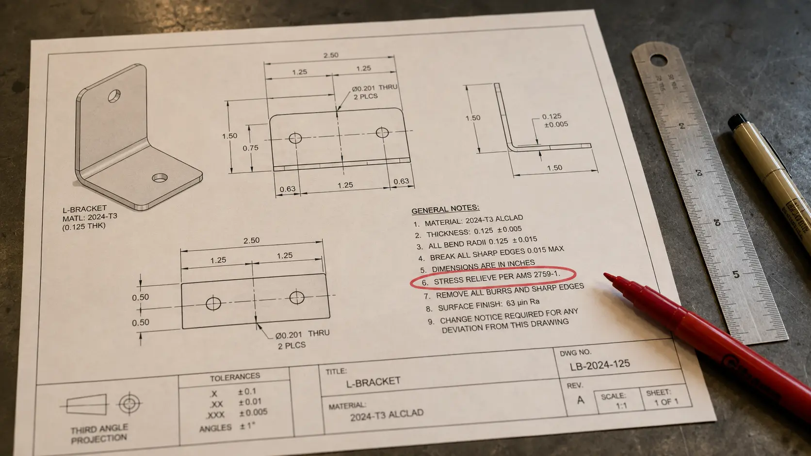 Technische Zeichnung einer geformten Blechhalterung mit Wärmebehandlungshinweis