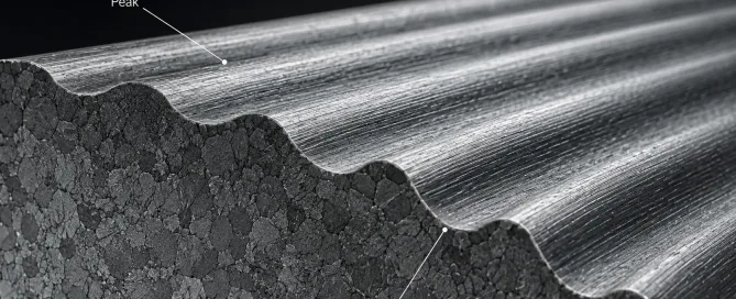 Mikroskopische Querschnittsansicht einer bearbeiteten Metalloberfläche mit Spitzen und Tälern der Oberflächenrauheitstextur