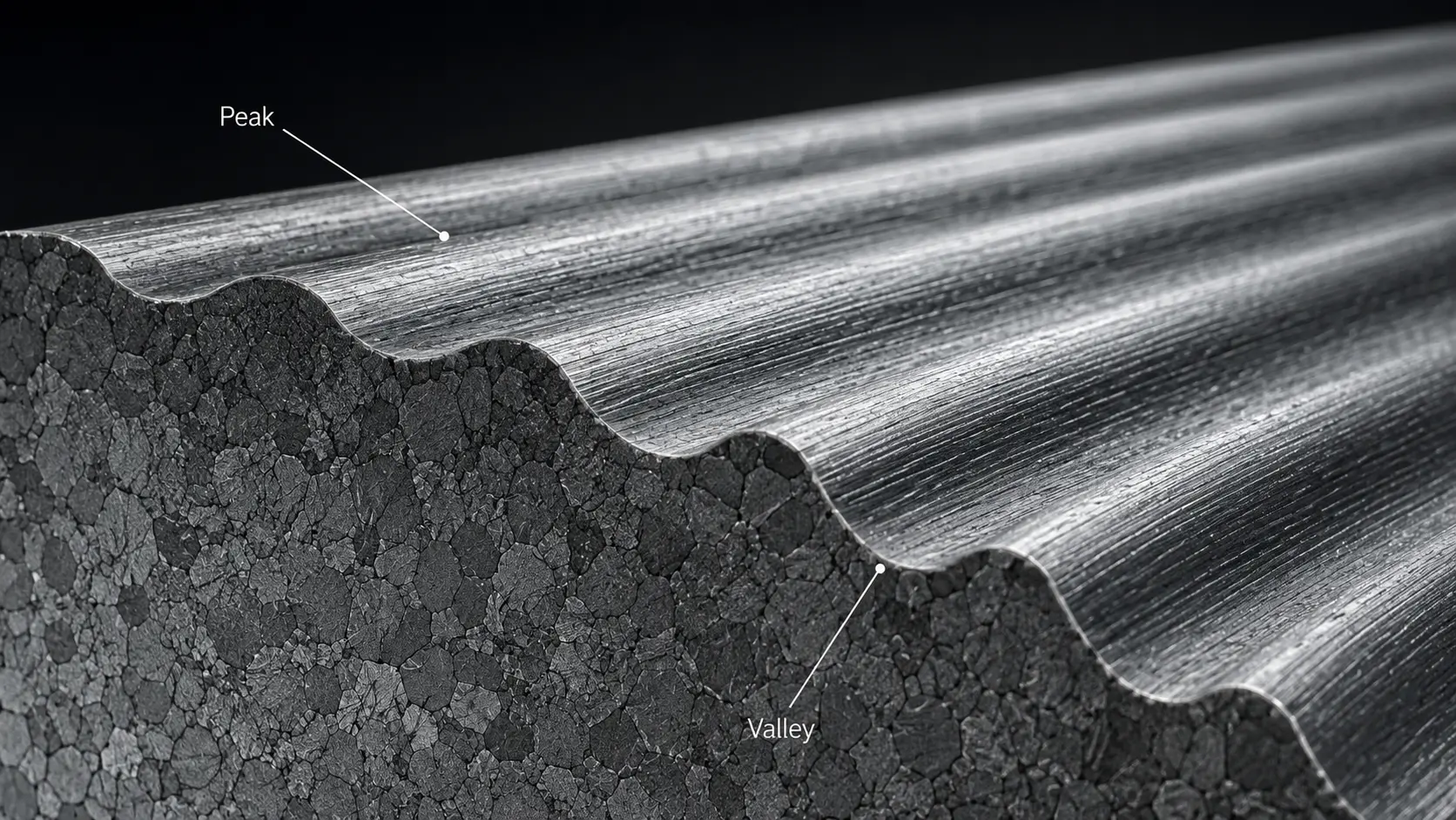 Mikroskopische Querschnittsansicht einer bearbeiteten Metalloberfläche mit Spitzen und Tälern der Oberflächenrauheitstextur