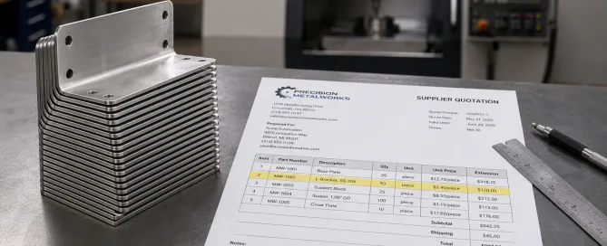 Nahaufnahme von Blechhalterungen auf einer Werkbank in der Fabrik mit einem ausgedruckten Lieferantenangebot, das den Stückpreis zeigt
