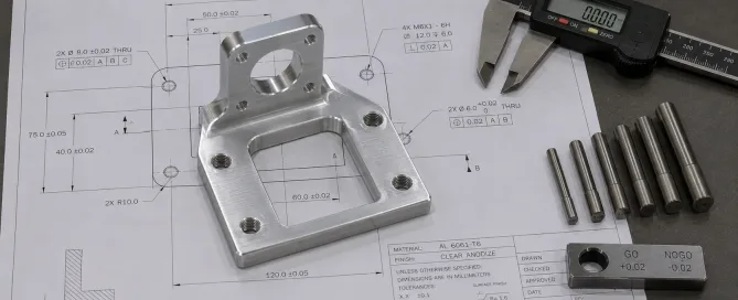 Ein bearbeitetes Metallteil auf einer technischen Zeichnung mit Toleranzangaben und daneben liegenden Prüflehren
