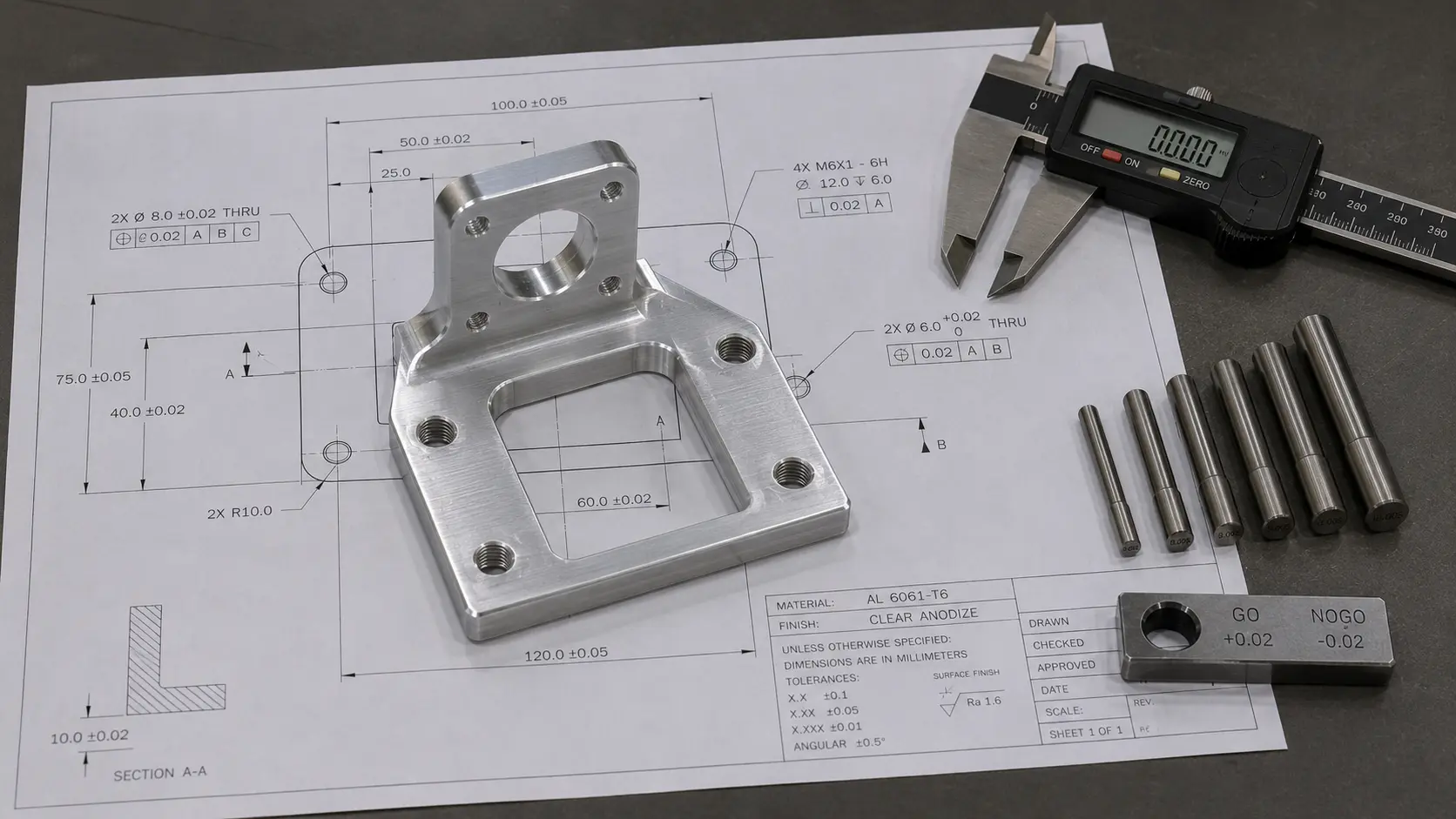Ein bearbeitetes Metallteil auf einer technischen Zeichnung mit Toleranzangaben und daneben liegenden Prüflehren