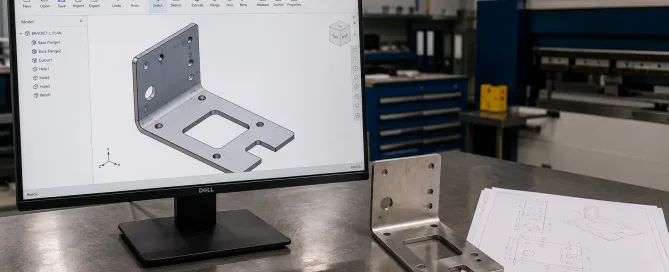 CAD-Dateiformate auf einem Monitor neben einer lasergeschnittenen Blechhalterung auf einer Werkbank