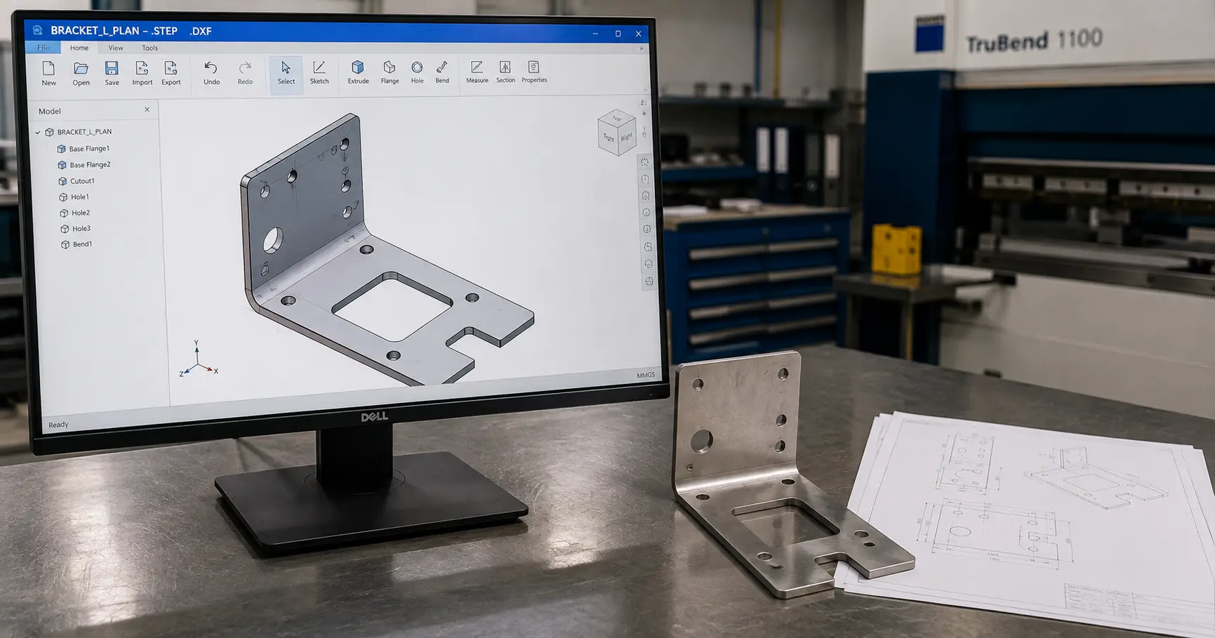 CAD-Dateiformate auf einem Monitor neben einer lasergeschnittenen Blechhalterung auf einer Werkbank