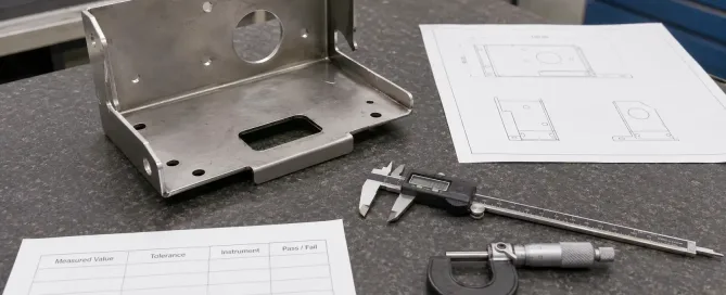 Maßprüfung eines Blechteils mit Messwerkzeugen und Prüfprotokoll