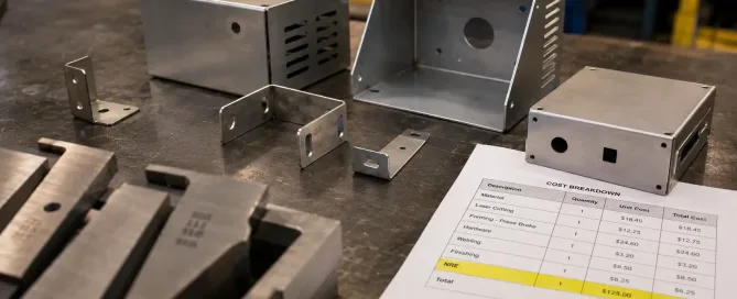 Kleinserien-Blechteile und Werkzeuge auf einer Werkbank mit einem hervorgehobenen NRE-Kostenblatt