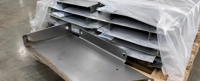 Unbeschichtete Stahlblechteile in VCI-Folie mit Trockenmittelbeuteln auf einer Lagerpalette