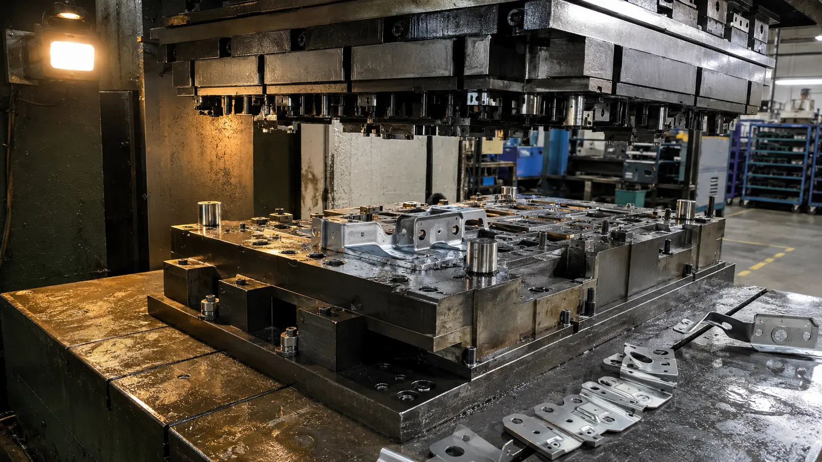 Ein Folgeverbund-Stanzwerkzeug, das während der Tryout-Phase auf einem Hydraulikpressentisch montiert ist, mit Muster-Automobilhalterungsteilen auf der Arbeitsfläche