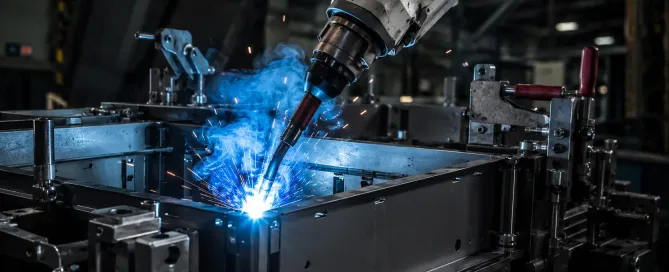 Roboterschweißarm beim Lichtbogenschweißen an einem in einer Vorrichtung gehaltenen Blechschrankrahmen