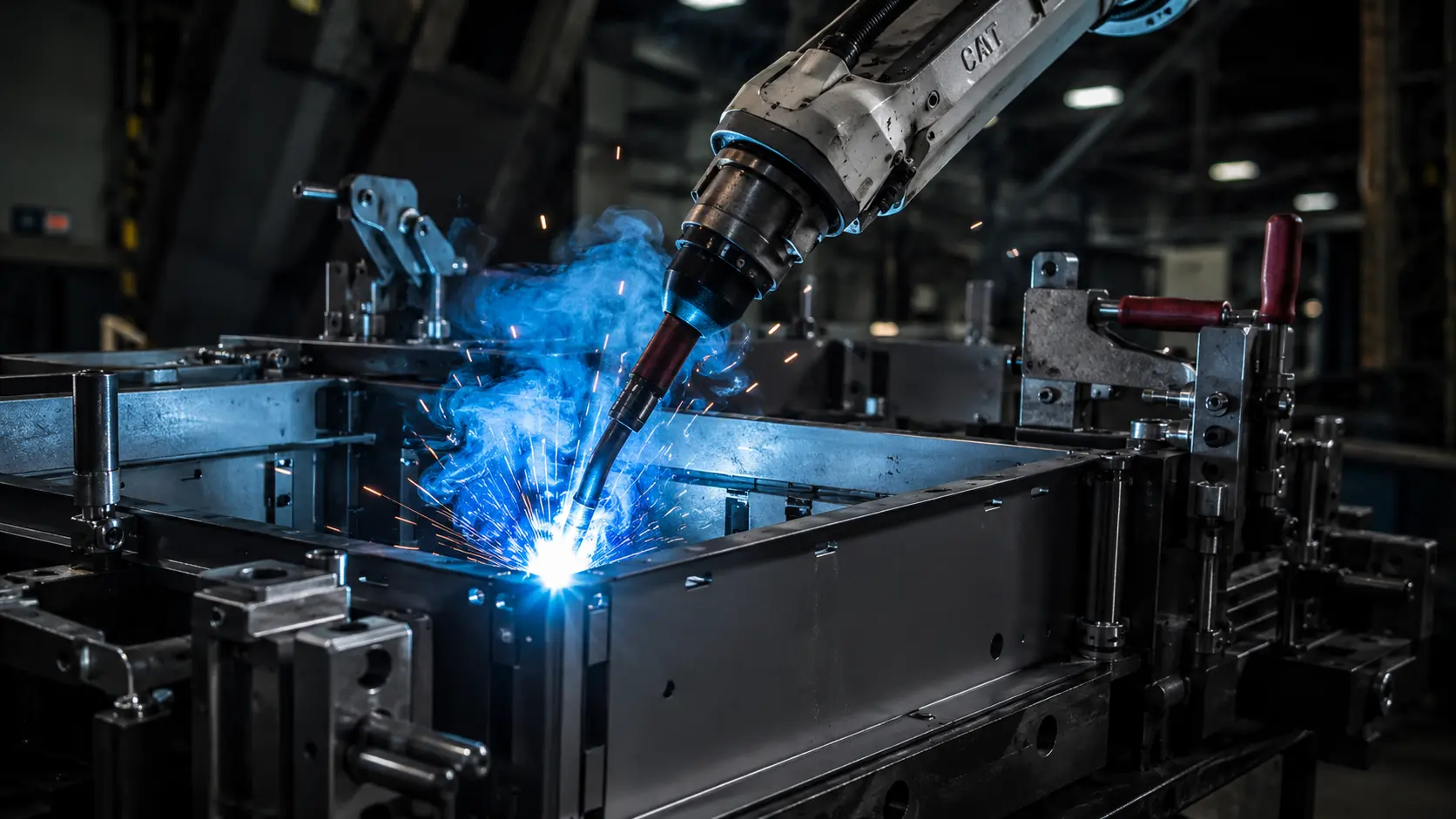 Roboterschweißarm beim Lichtbogenschweißen an einem in einer Vorrichtung gehaltenen Blechschrankrahmen
