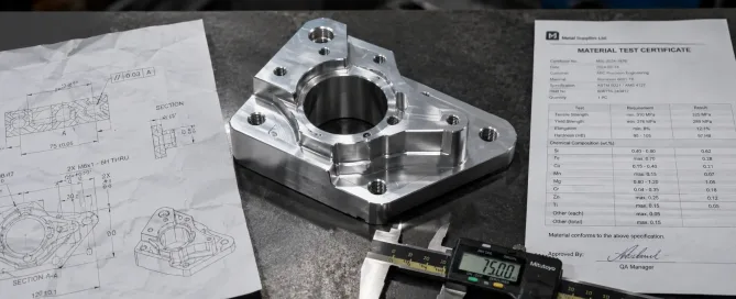 Präzisionsbearbeitetes Metallteil auf einem Prüftisch mit Messschieber und technischer Zeichnung, die Qualitätsanforderungen in der Fertigung darstellt