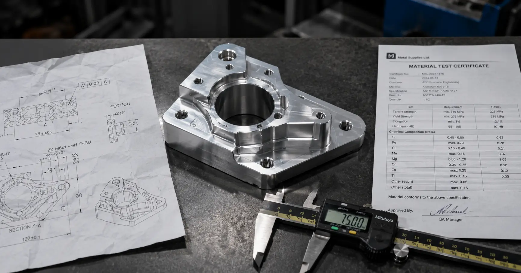 Präzisionsbearbeitetes Metallteil auf einem Prüftisch mit Messschieber und technischer Zeichnung, die Qualitätsanforderungen in der Fertigung darstellt