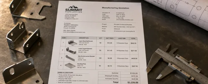Ein gedrucktes Fertigungsangebot auf einem Werkstatttisch neben blechbearbeiteten Teilen und technischen Zeichnungen
