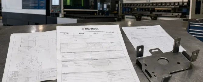 Fertigungsauftrag mit technischer Zeichnung und Blechproduktionsdokumenten