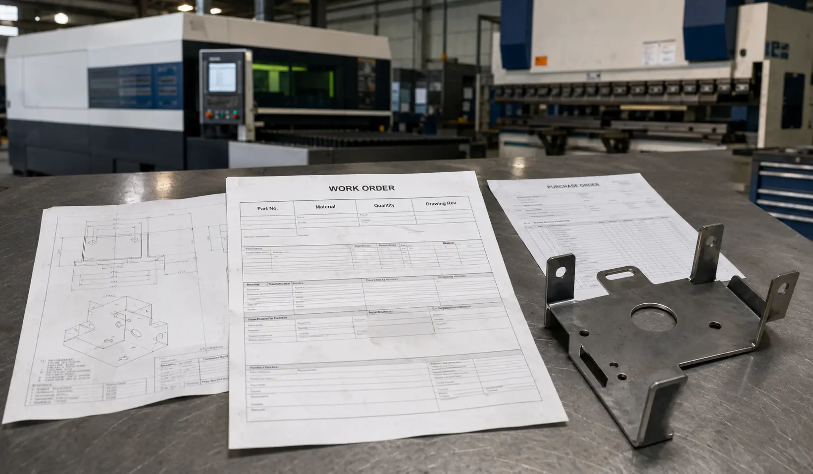 Fertigungsauftrag mit technischer Zeichnung und Blechproduktionsdokumenten
