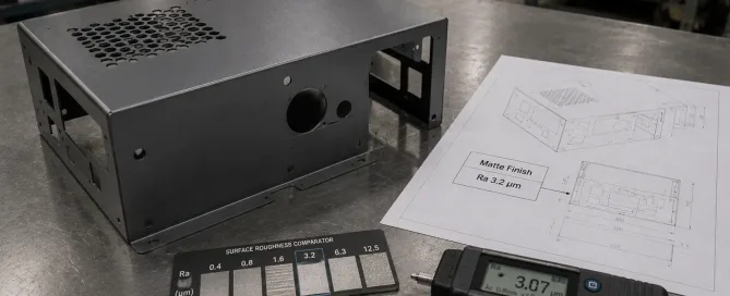 Mattes Finish auf einem Metallteil mit technischer Zeichnung und Oberflächenrauheitsspezifikation