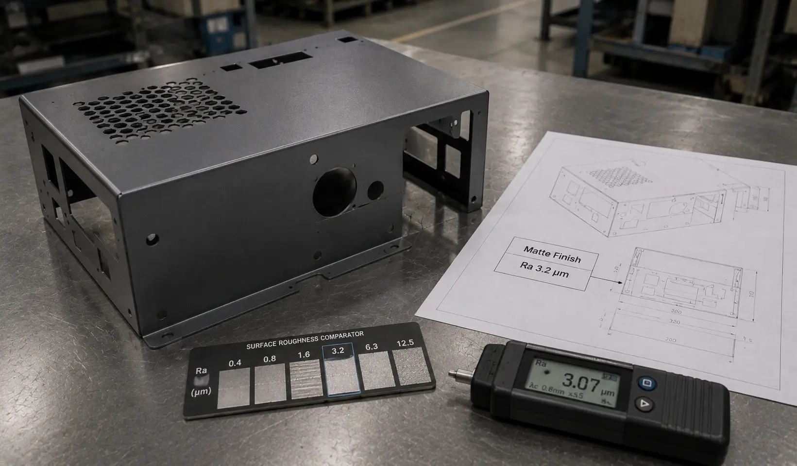 Mattes Finish auf einem Metallteil mit technischer Zeichnung und Oberflächenrauheitsspezifikation