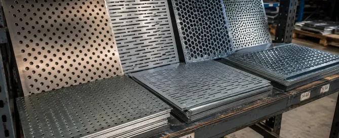 Lochblechplatten mit verschiedenen Lochmustern, gestapelt in einer industriellen Lagerumgebung