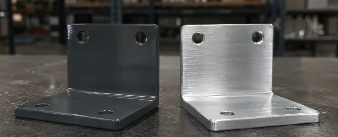 Pulverbeschichtete und eloxierte Aluminium-Blechhalterungen nebeneinander auf einer Werkbank
