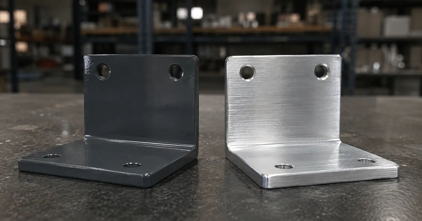 Pulverbeschichtete und eloxierte Aluminium-Blechhalterungen nebeneinander auf einer Werkbank