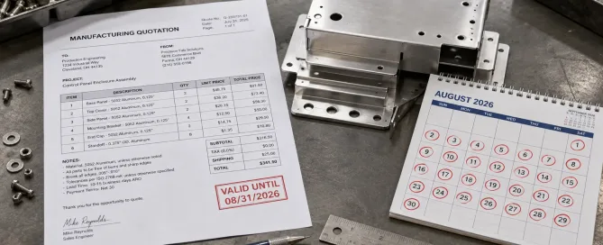 Ein gedrucktes Fertigungsangebot neben CNC-bearbeiteten Blechteilen mit einem markierten 30-Tage-Kalender auf dem Schreibtisch